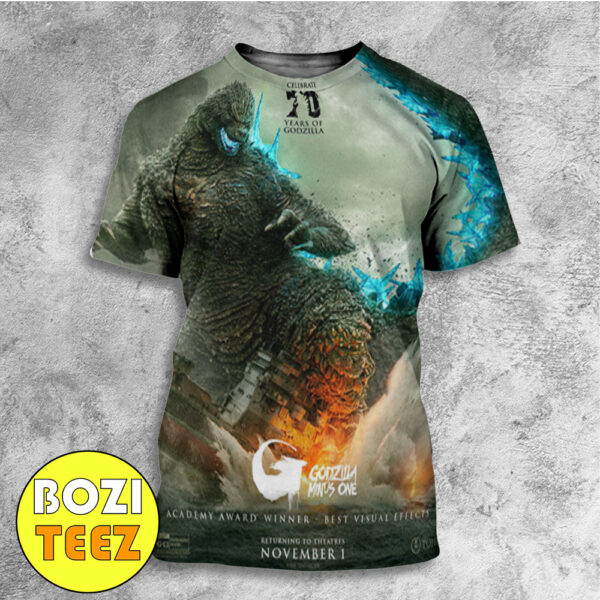 First Poster For The Godzilla Minus One Re-release Celebrating The 70th Anniversary Of Godzilla All Over Print T-Shirt