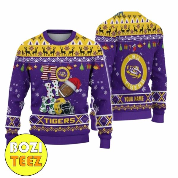 LSU Tigers NCAA Hohoho Snow Christmas Gift Custom Name Xmas Ugly Sweater