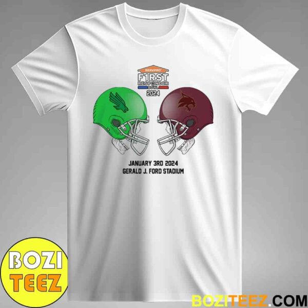 Servpro First Responder Bowl NCAA 2024-2025 Bowl Games North Texas Mean Green vs Texas State Bobcats At Gerald J Ford Stadium Skull Helmet Head To Head Unisex T-Shirt